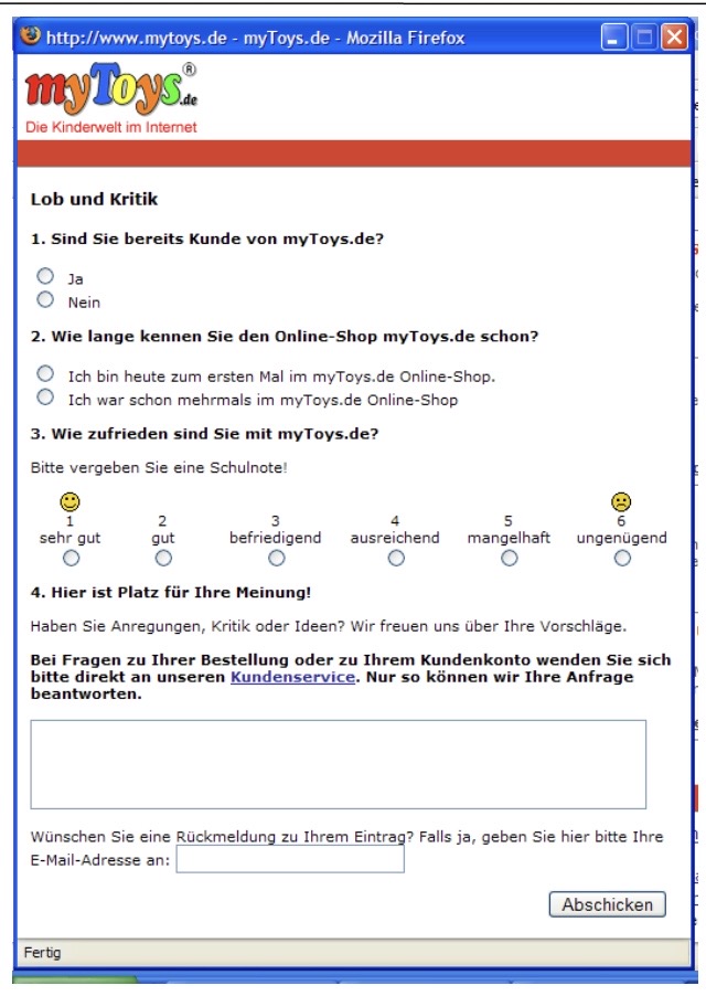 Feedback-Formular 'Lob und Kritik' von myToys.de aus den 2000er-Jahren mit Schulnoten-Skala von 1 bis 6