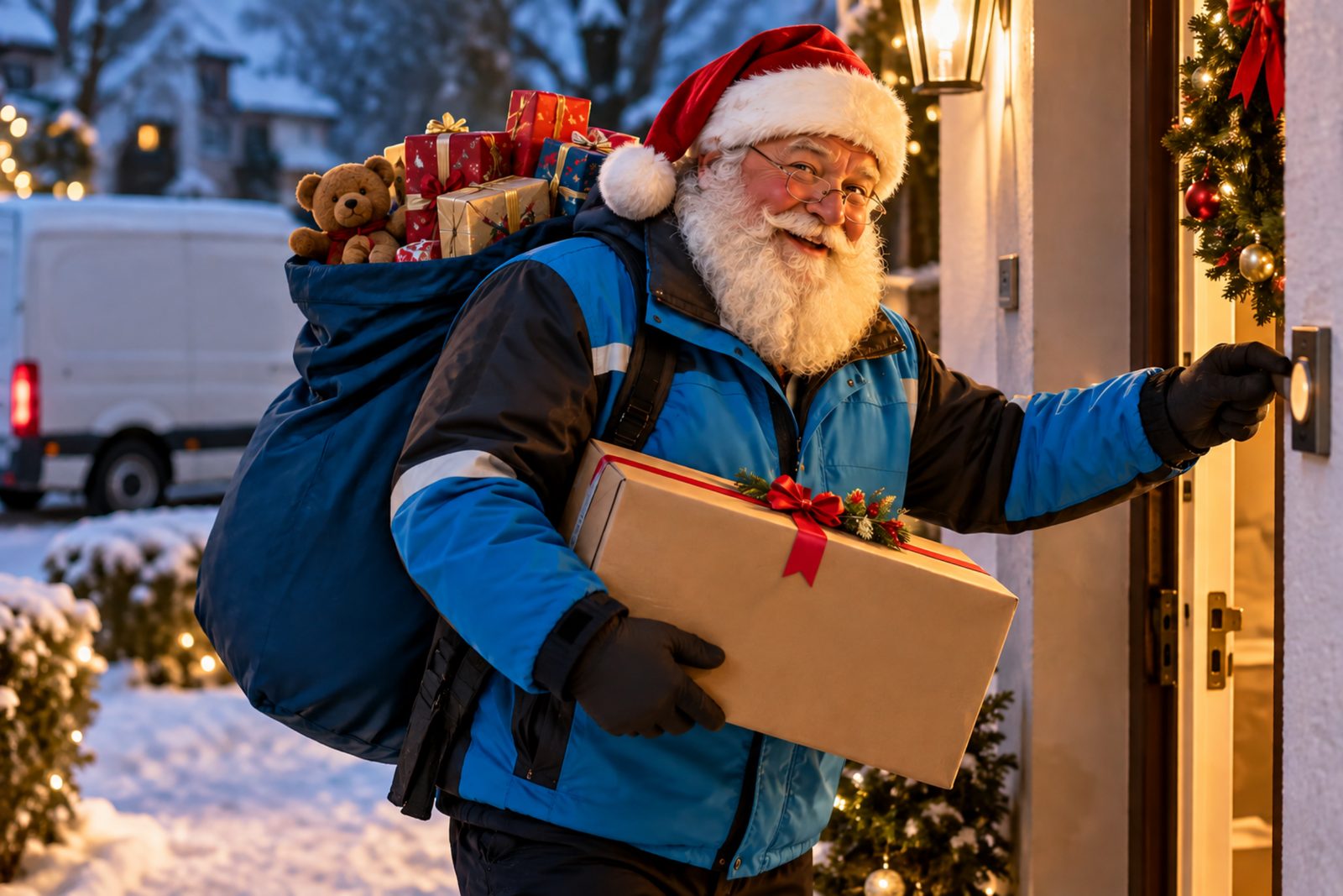 Paketzusteller mit Weihnachtsmannmütze und Sack voller Geschenke klingelt an einer verschneiten, weihnachtlich geschmückten Haustür